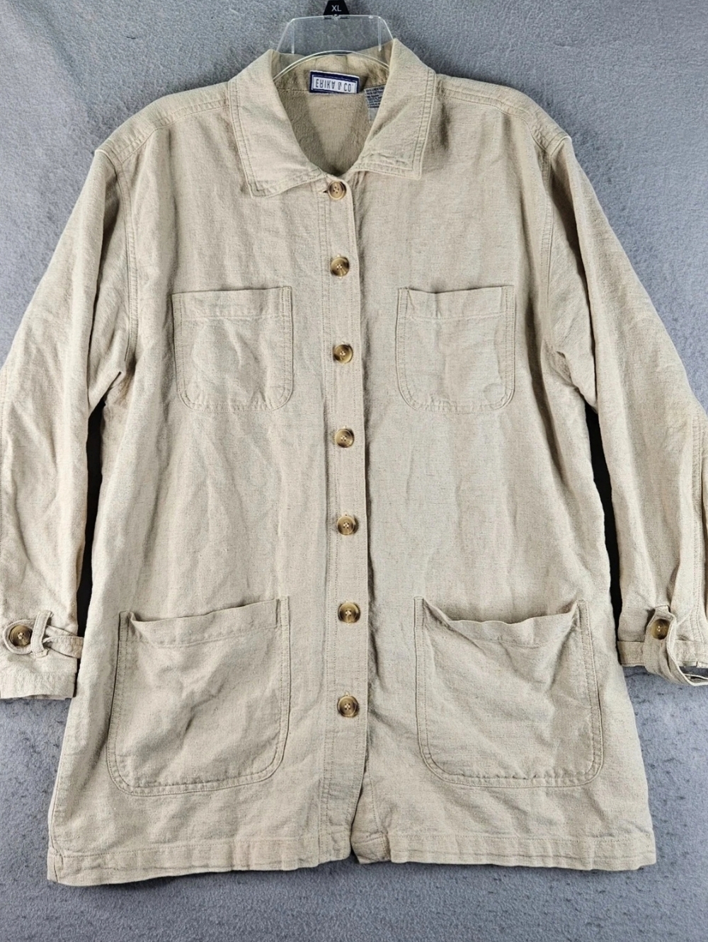 Erika & Co Linen And Cotton Utility Button-Up Jacket Pockets Slits Bottom Hem